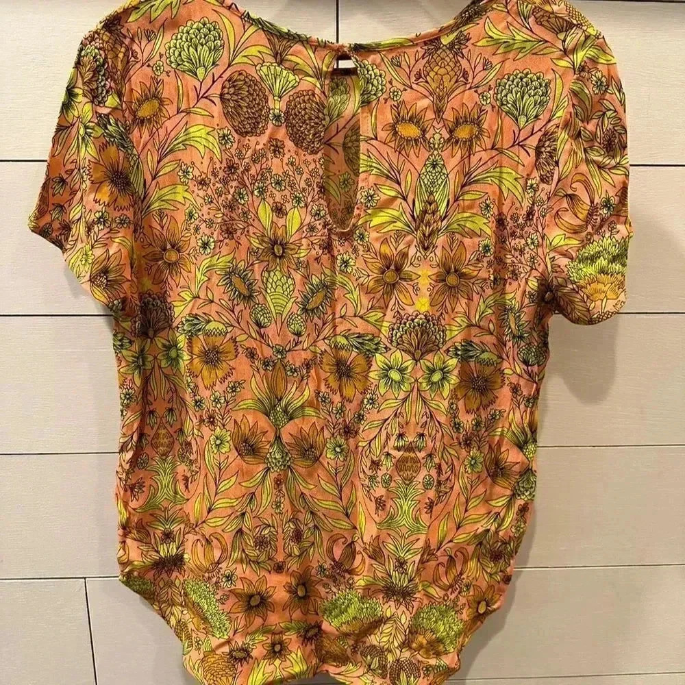H&M Floral Yellow Blouse Short Sleeve Keyhole Casual Women's Size 10